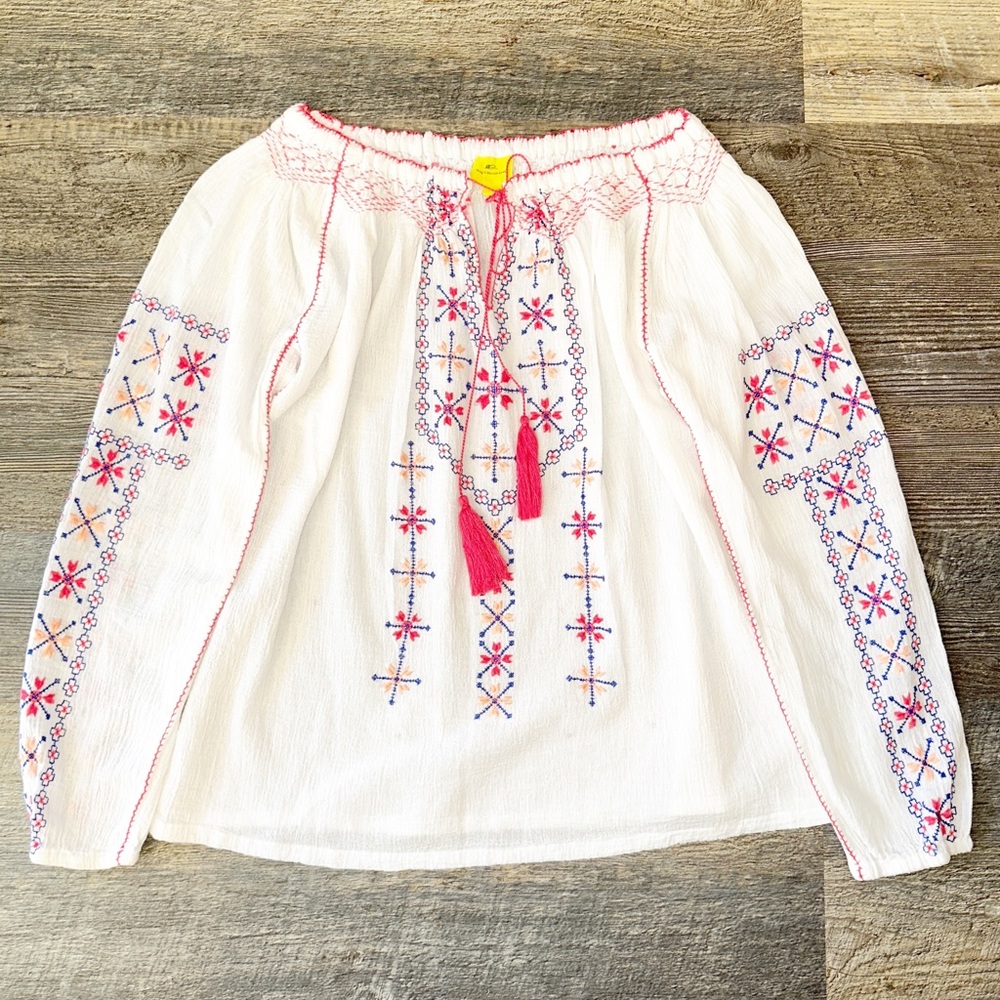 ROBERTA ROLLER RABBIT white and pink boho embroidered long sleeve tunic top S